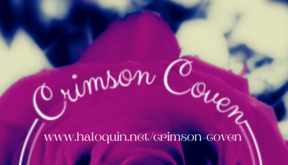 Crimson Coven - a soft focus red rose with white text overlaid; Crimson Coven